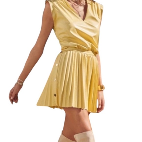 NWT Ramy Brook Effie Faux Leather Pleated Dress in Gold Yellow Daffodil - Picture 1 of 16